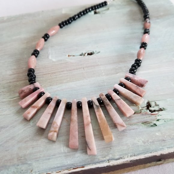 Onyx & Pink Quartz Girls Bib Necklace, 12" - Picture 4 of 11